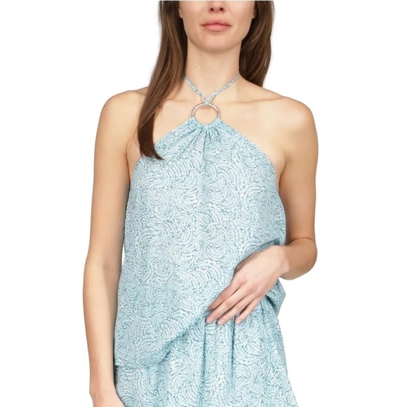 MICHAEL KORS Turquoise Sheer Printed
Sleeveless Halter Top with O-Ring PXS NEW - Picture 1 of 9